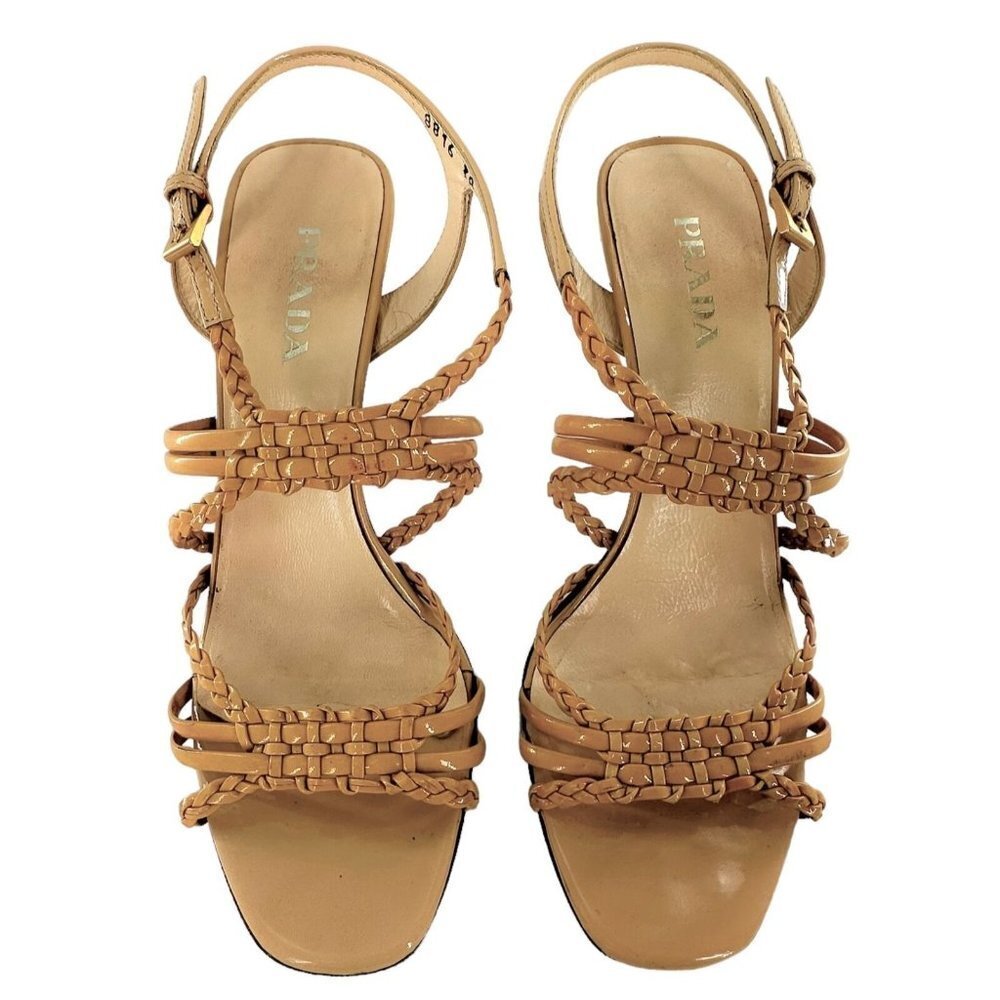 PRADA Beige Braided Patent Leather Open Toe Strappy Sandals Heels Size 38 - Picture 6 of 8